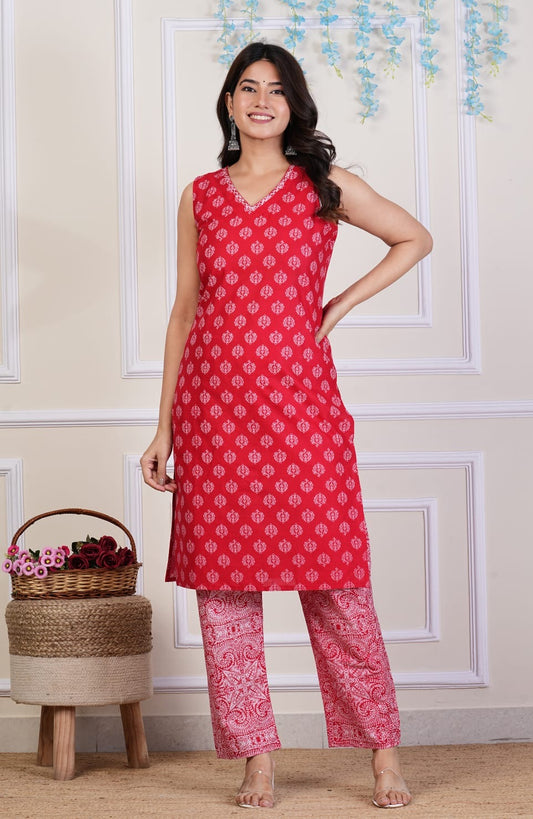 Printed red kurta set