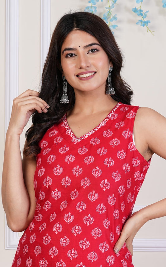 Printed red kurta set
