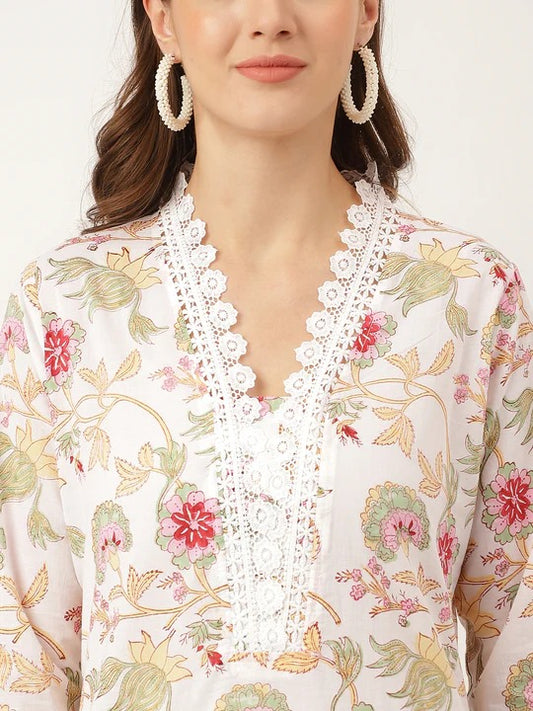 White printed Kurta with Trousers with dupatta