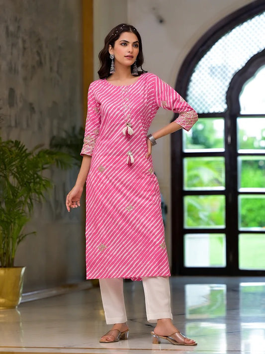 Pink & White Leheriya Print Kurta
