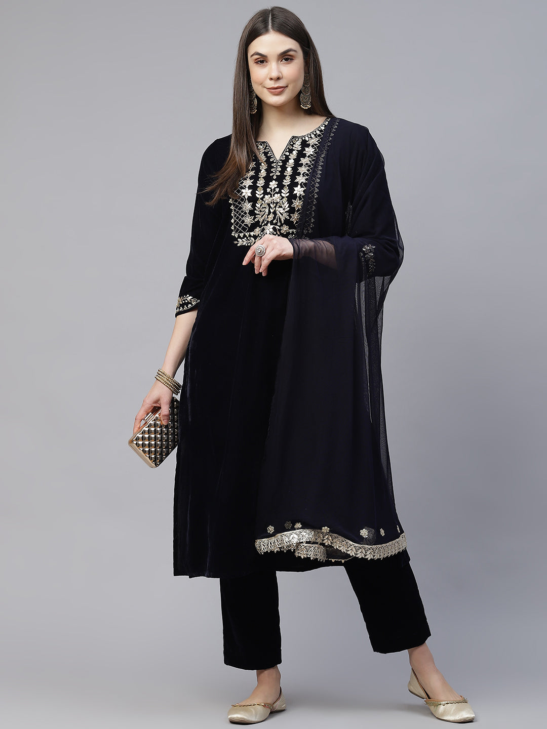 Royal Navy Blue Velvet Kurta