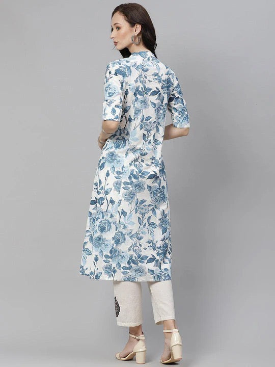 White & Blue Pure Cotton Floral Printed Kurta