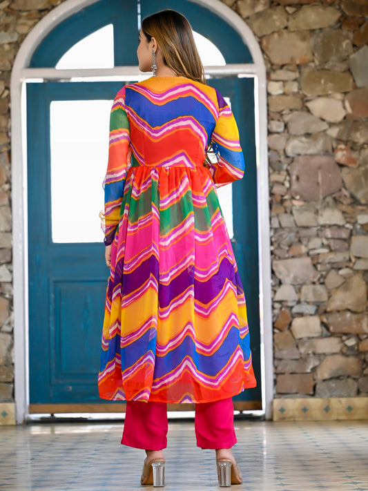 Multi Leheriya Padded Anarkali Set