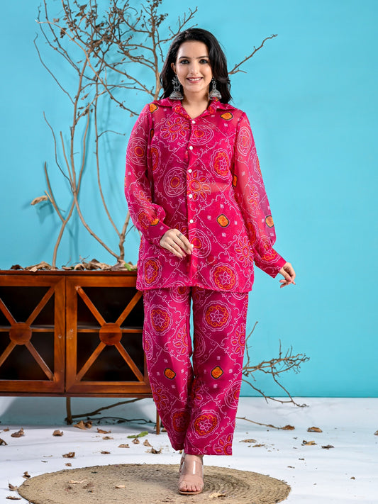 PINK BANDHANI CROP TOP SHIRT SET