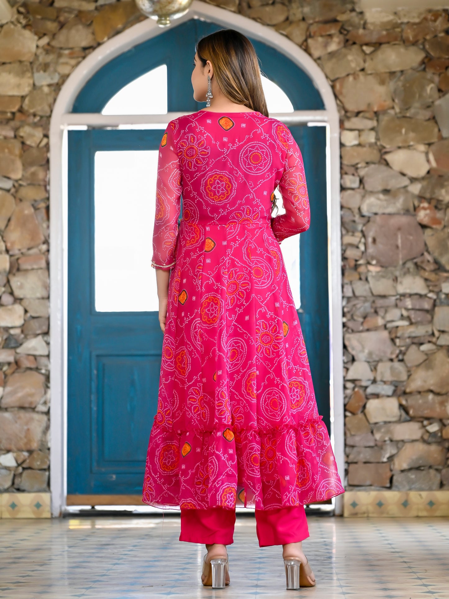 Pink Bandhani Angrakha Anarkali Set