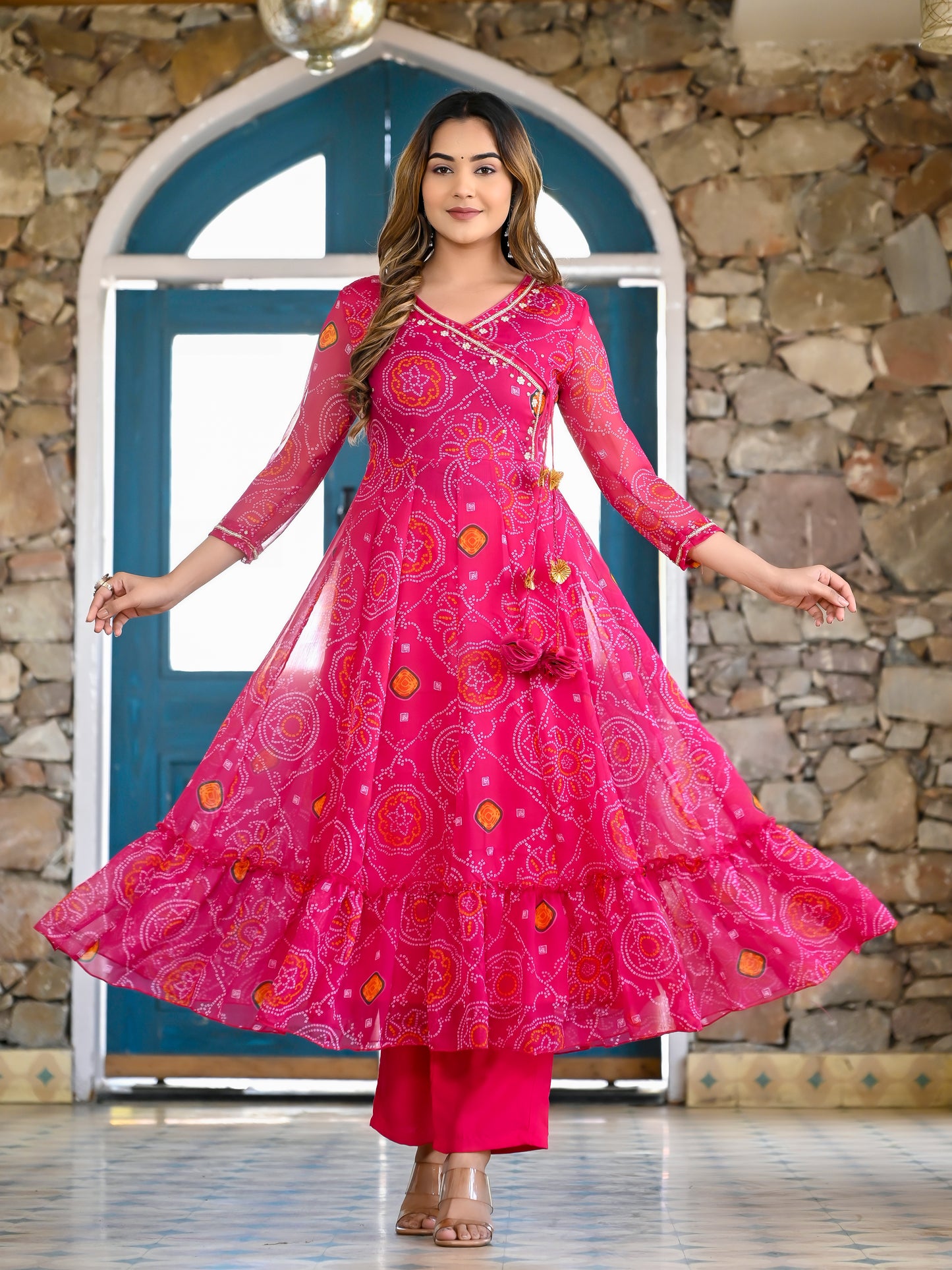 Pink Bandhani Angrakha Anarkali Set