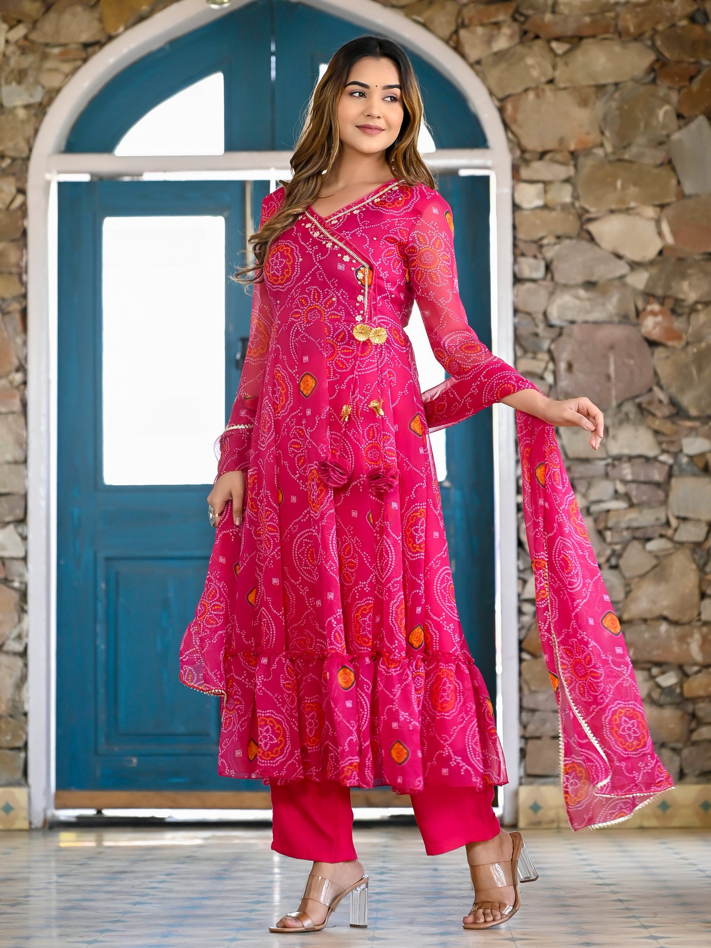 Pink Bandhani Angrakha Anarkali Set