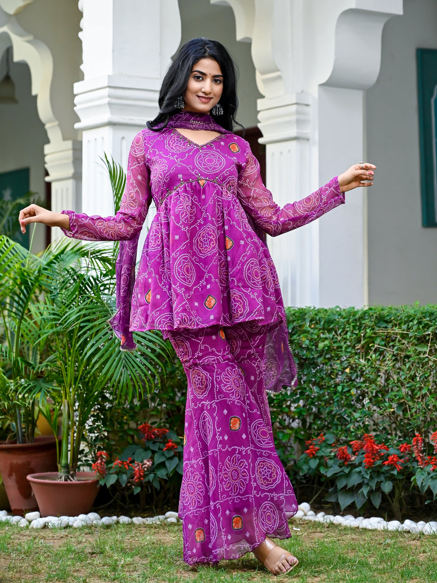 Wine bandhani sharara
