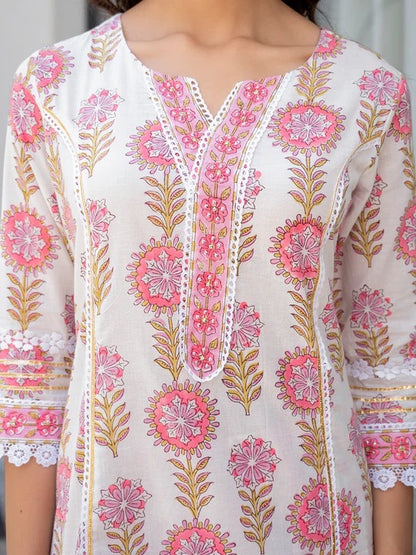 White Floral Print Pure Cotton Kurta Sharara Set