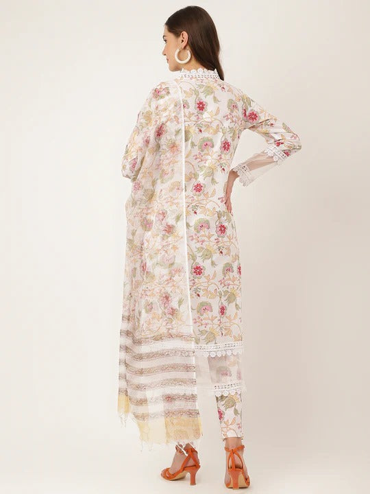 White printed Kurta with Trousers with dupatta