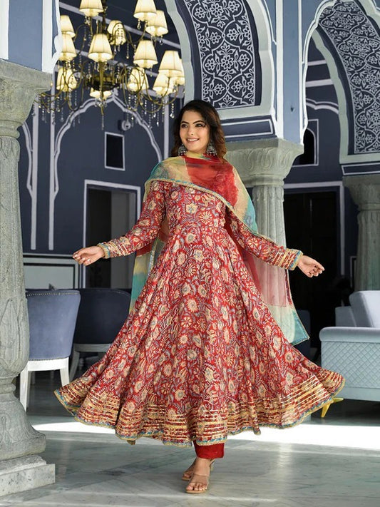 Red Floral Printed Anarkali Muslin Kurta