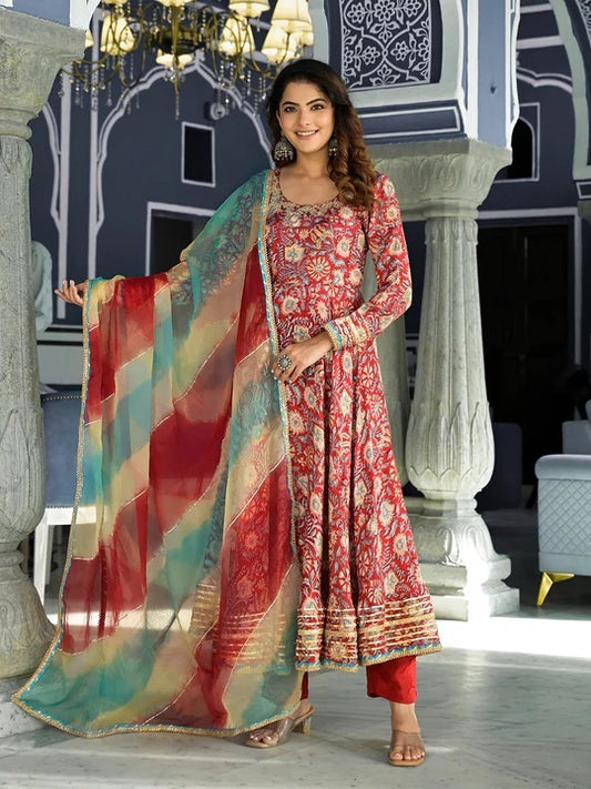 Red Floral Printed Anarkali Muslin Kurta