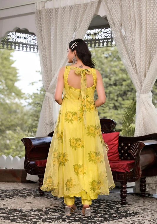Light Yellow Hand Painted Floral Organza Anarkali