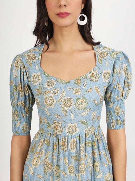 Grey floral print flare dress