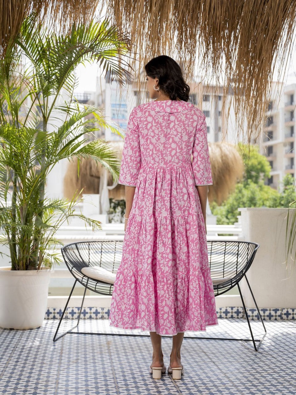 Pink Floral Printed Collar Neck Cotton dress