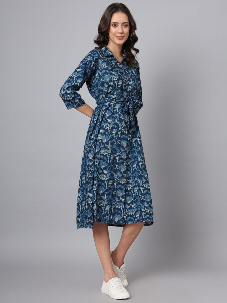 Navy blue print shirt dress