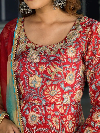Red Floral Printed Anarkali Muslin Kurta