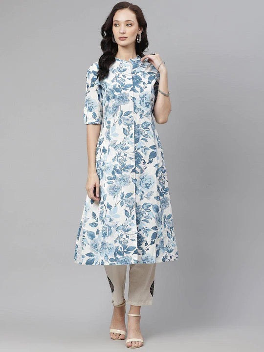 White & Blue Pure Cotton Floral Printed Kurta