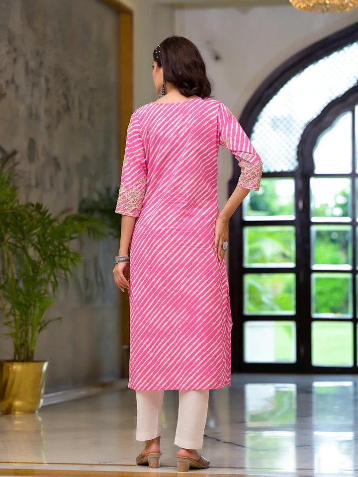 Pink & White Leheriya Print Kurta