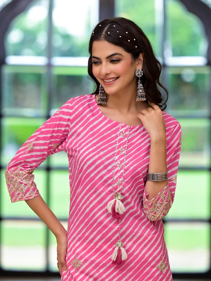 Pink & White Leheriya Print Kurta