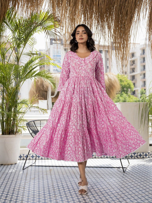 Pink Floral Printed Collar Neck Cotton dress