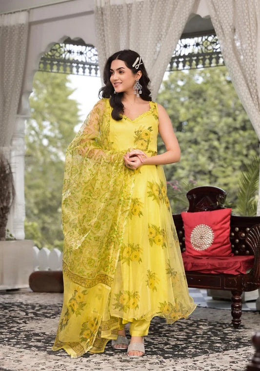 Light Yellow Hand Painted Floral Organza Anarkali
