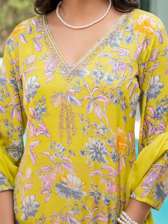 Yellow Embroidered Floral Print Muslin Kurta Set