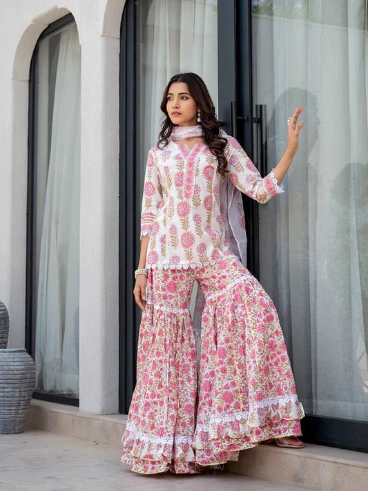 White Floral Print Pure Cotton Kurta Sharara Set