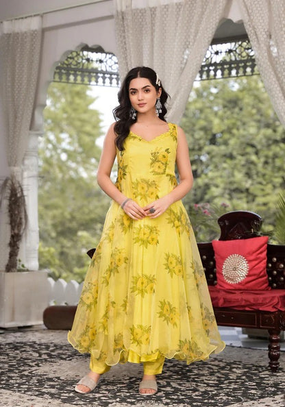 Light Yellow Hand Painted Floral Organza Anarkali