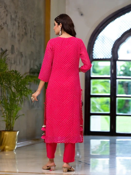 Pink Leheriya Print Georgette Fabric Straight Kurta & Trouser with Dupatta