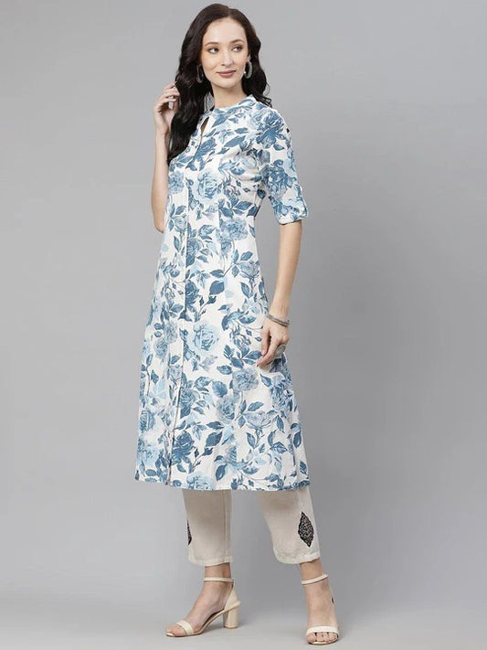 White & Blue Pure Cotton Floral Printed Kurta