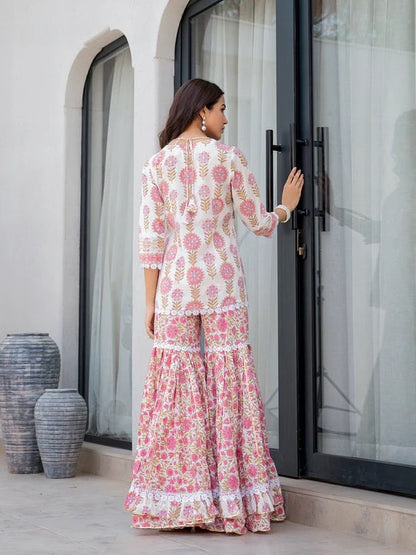 White Floral Print Pure Cotton Kurta Sharara Set