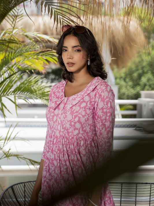 Pink Floral Printed Collar Neck Cotton dress