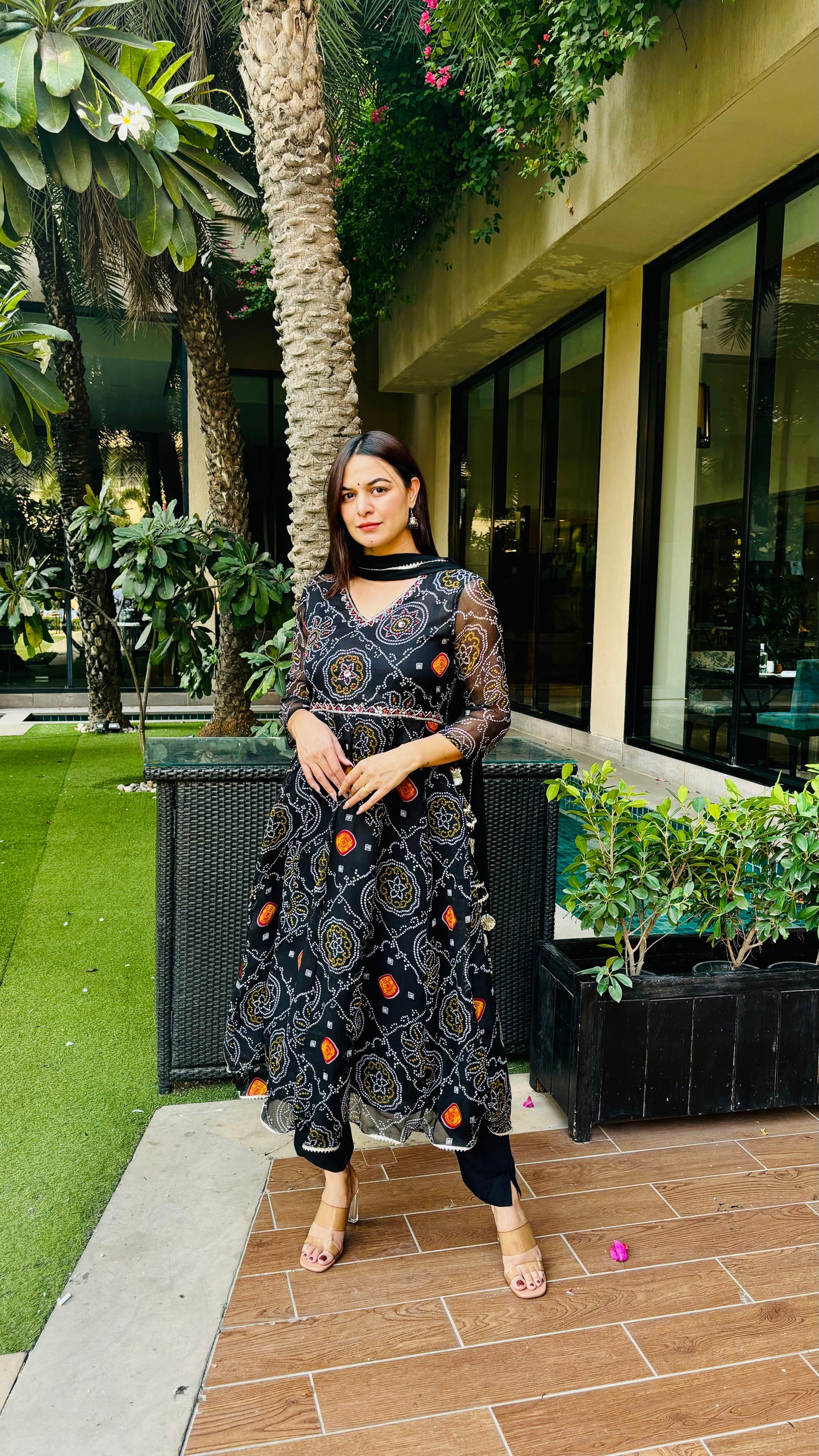 Black Bandhani Anarkali Side Dori