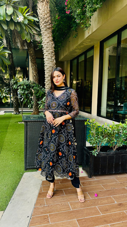 Black Bandhani Anarkali Side Dori