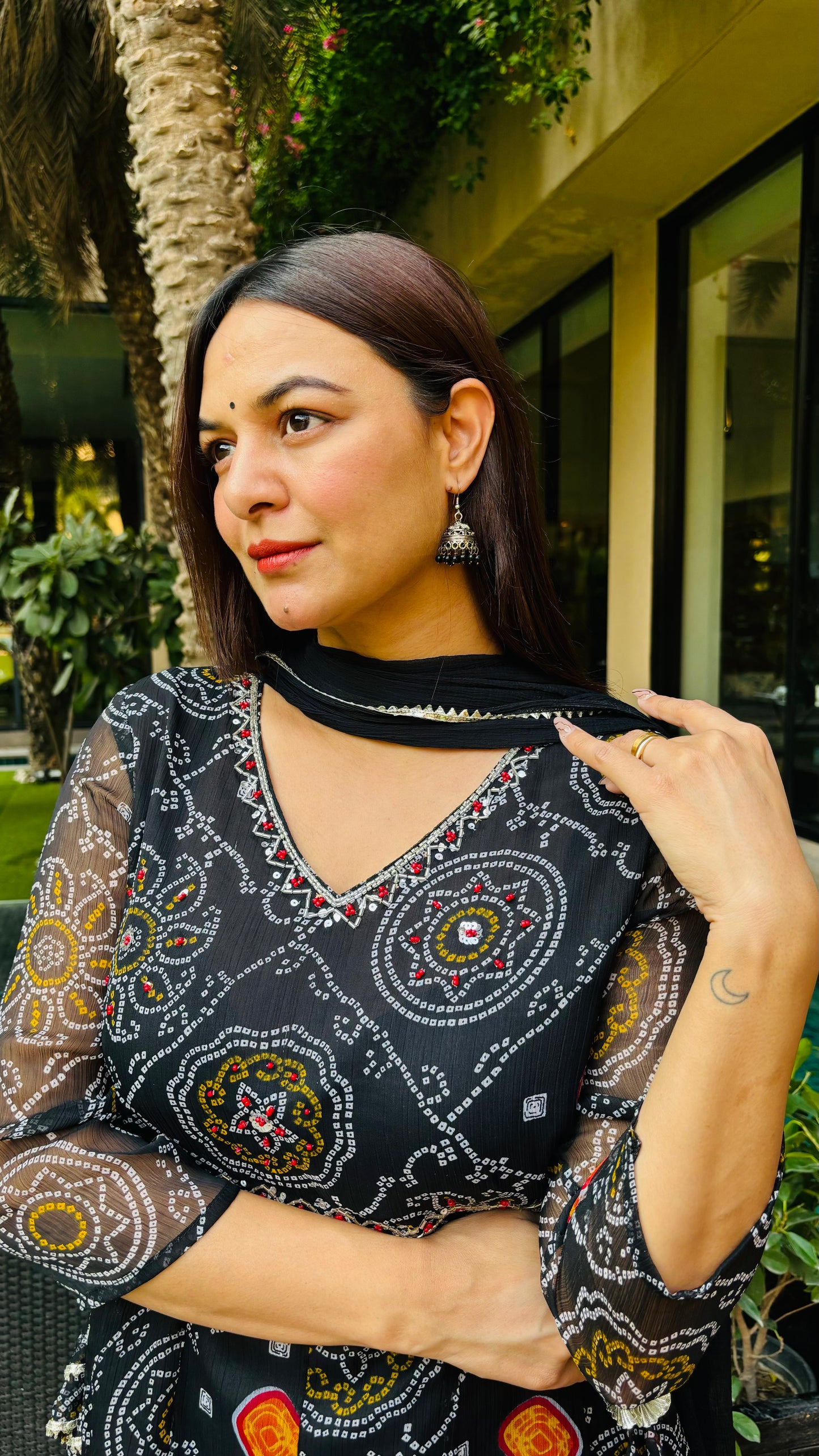Black Bandhani Anarkali Side Dori
