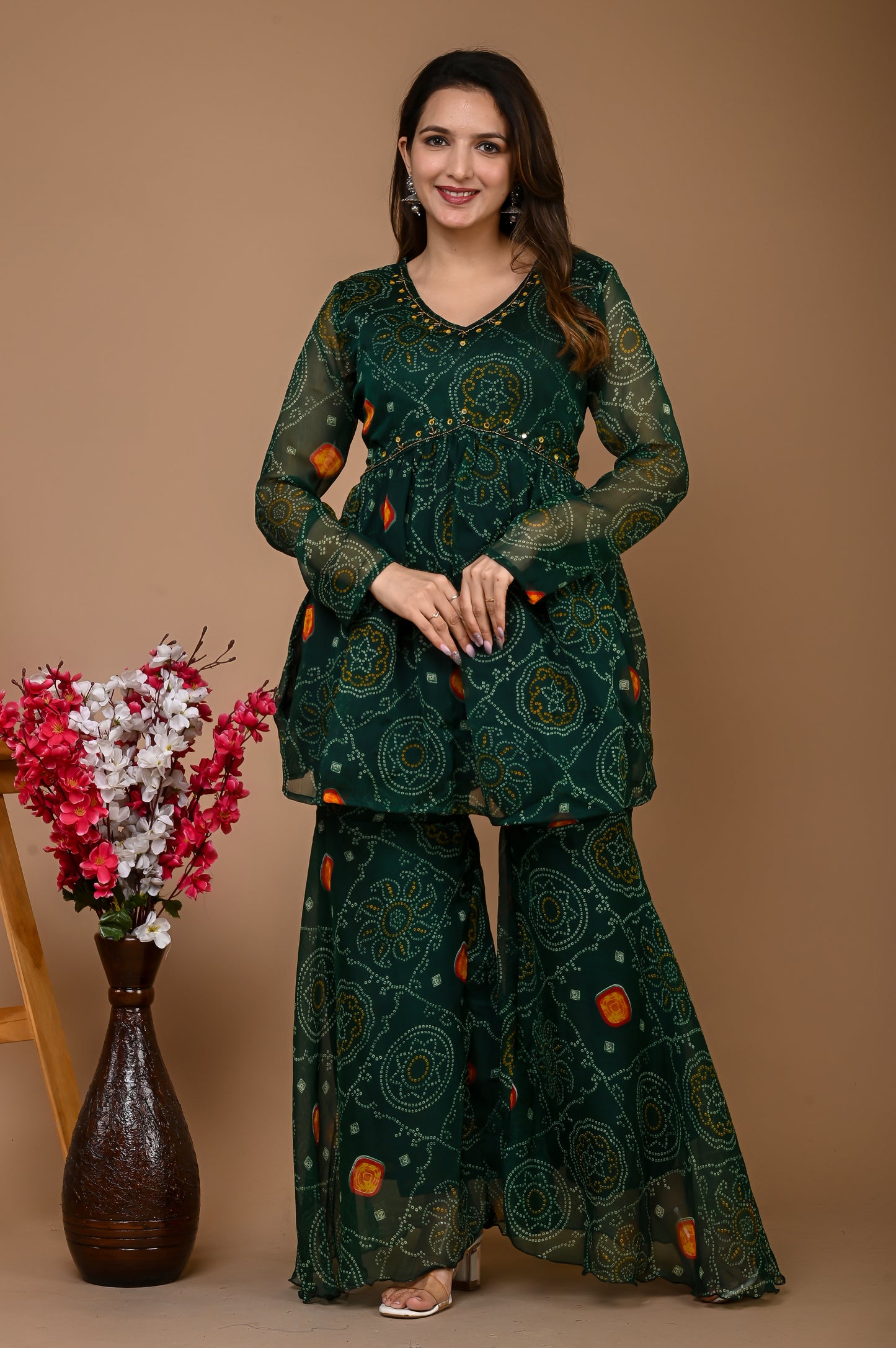 Green Bandhani Sharara Set