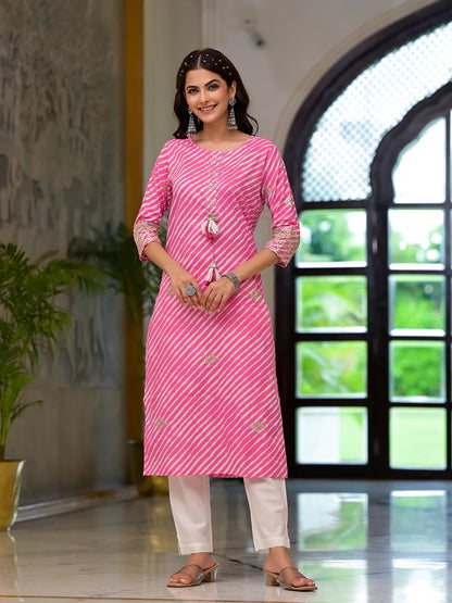 Pink & White Leheriya Print Kurta