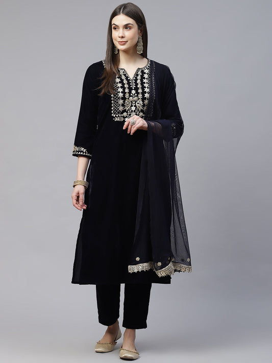 Royal Navy Blue Velvet Kurta