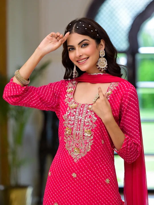 Pink Leheriya Print Georgette Fabric Straight Kurta & Trouser with Dupatta