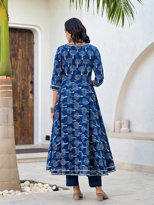 Indigo Blue HandBlock Print Cotton Anarkali Kurta Set with Organza Dupatta
