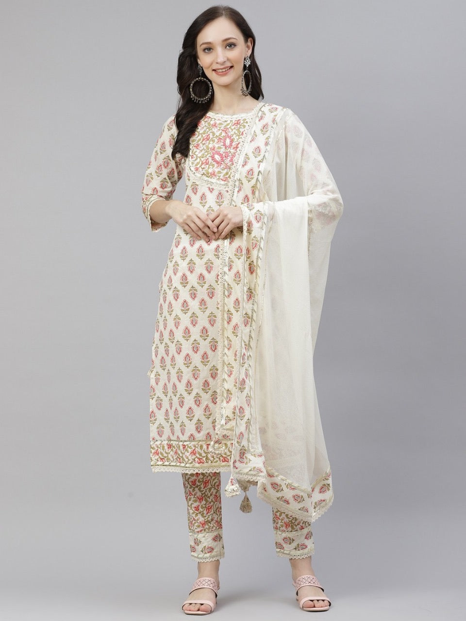 Cream-coloured printed Kurta set