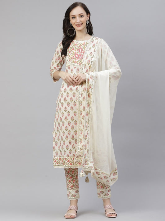 Cream-coloured printed Kurta set