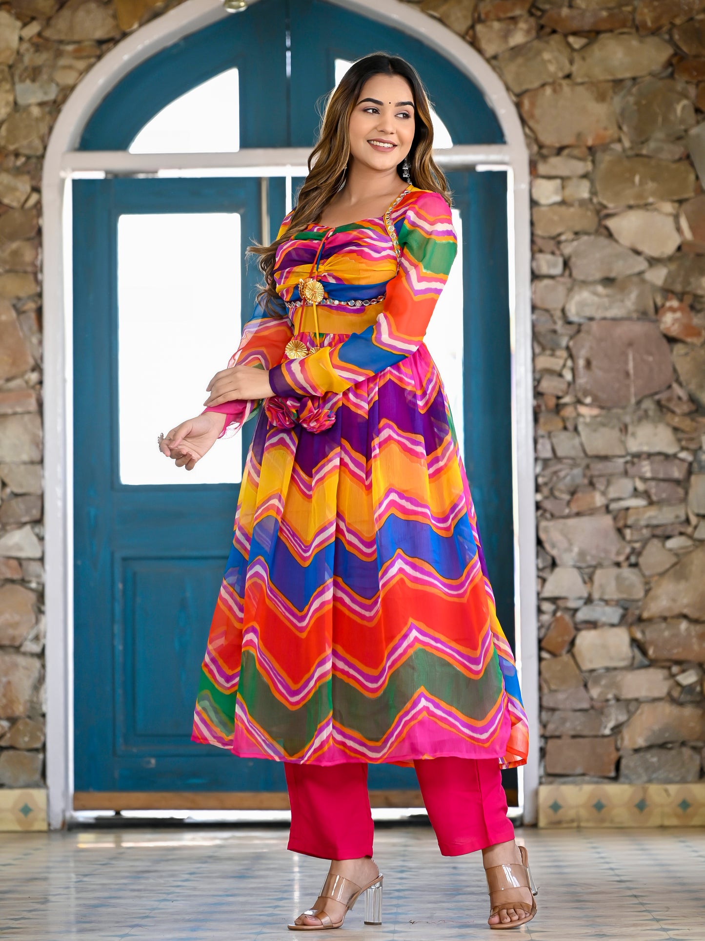 Multi Leheriya Padded Anarkali Set