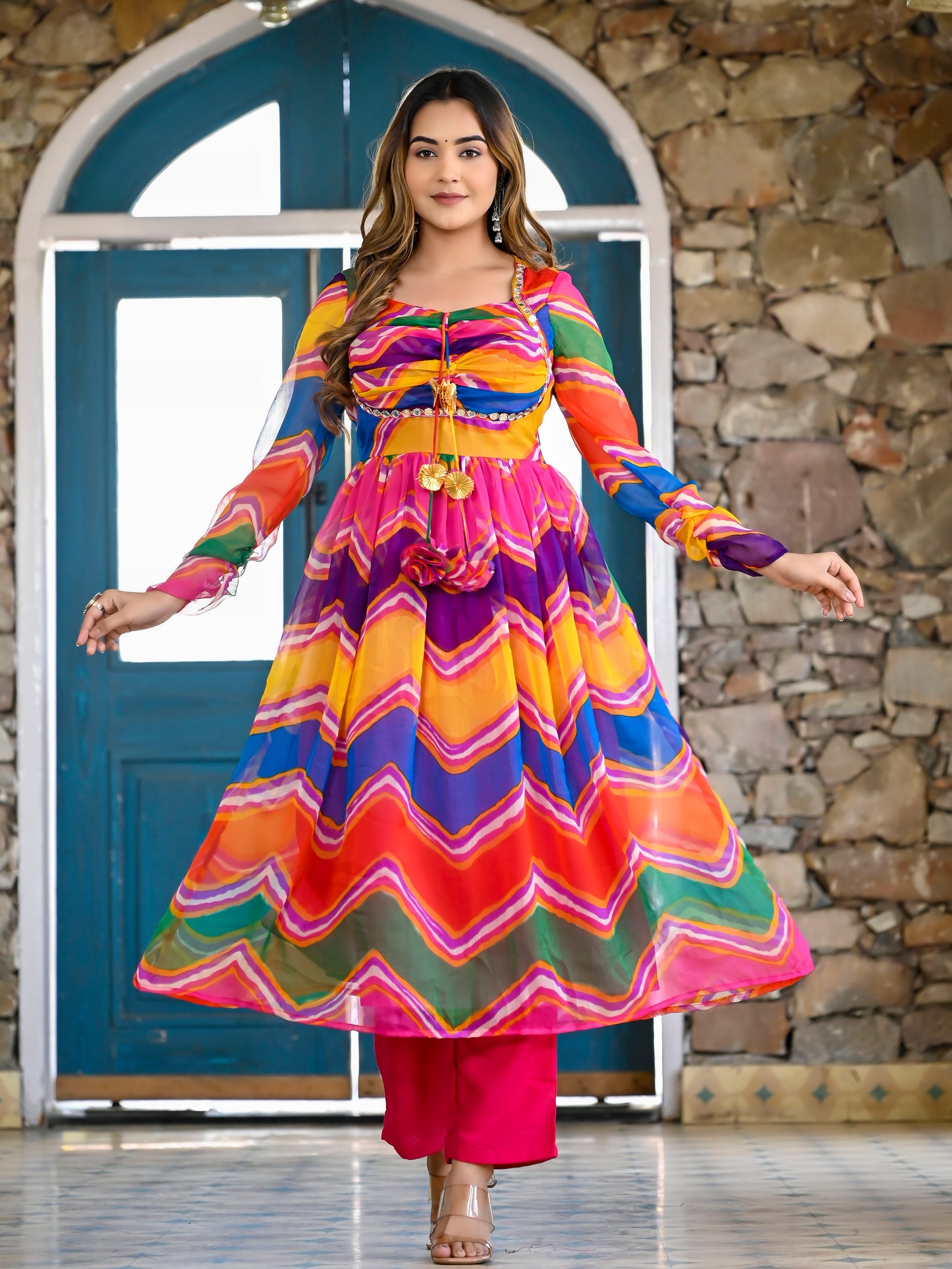 Multi Leheriya Padded Anarkali Set