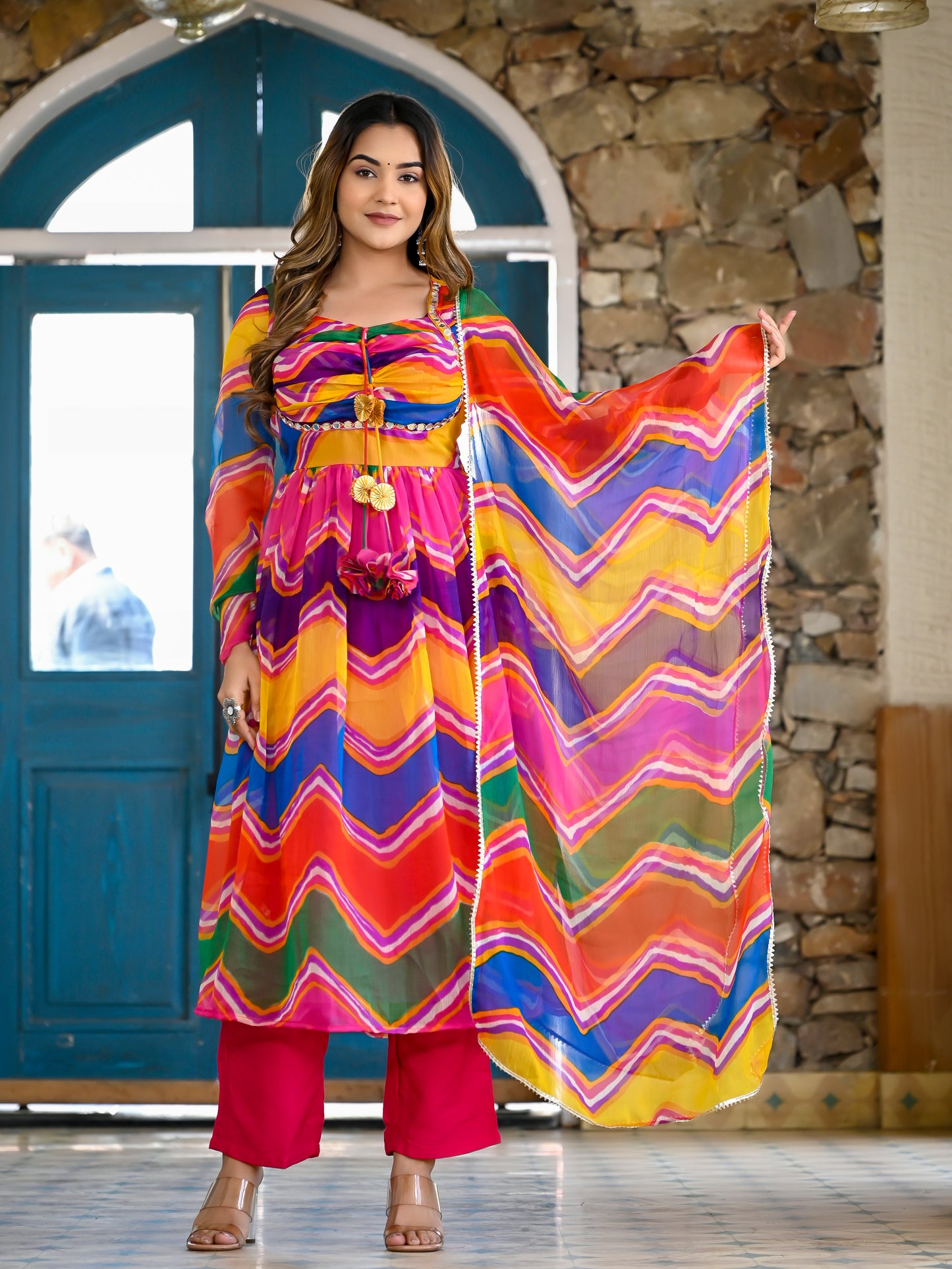 Multi Leheriya Padded Anarkali Set