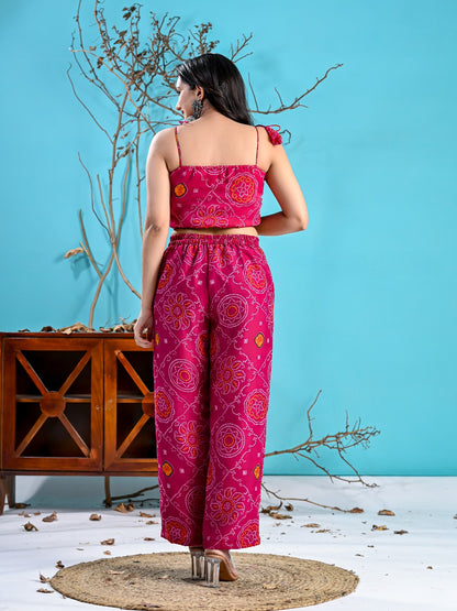 PINK BANDHANI CROP TOP SHIRT SET