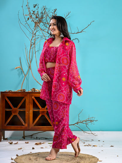 PINK BANDHANI CROP TOP SHIRT SET