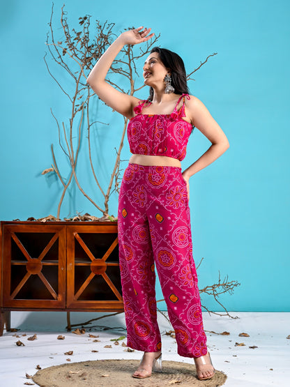 PINK BANDHANI CROP TOP SHIRT SET