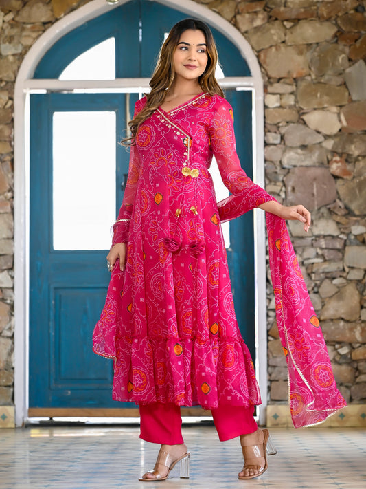 Pink Bandhani Angrakha Anarkali Set